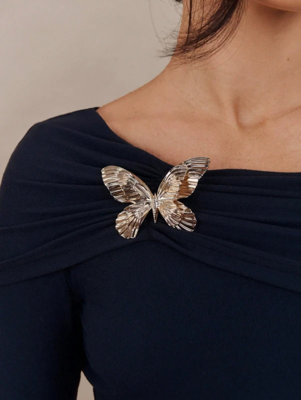 Womens Spring Off Shoulder Butterfly Brooch Fitted Long Sleeve Top